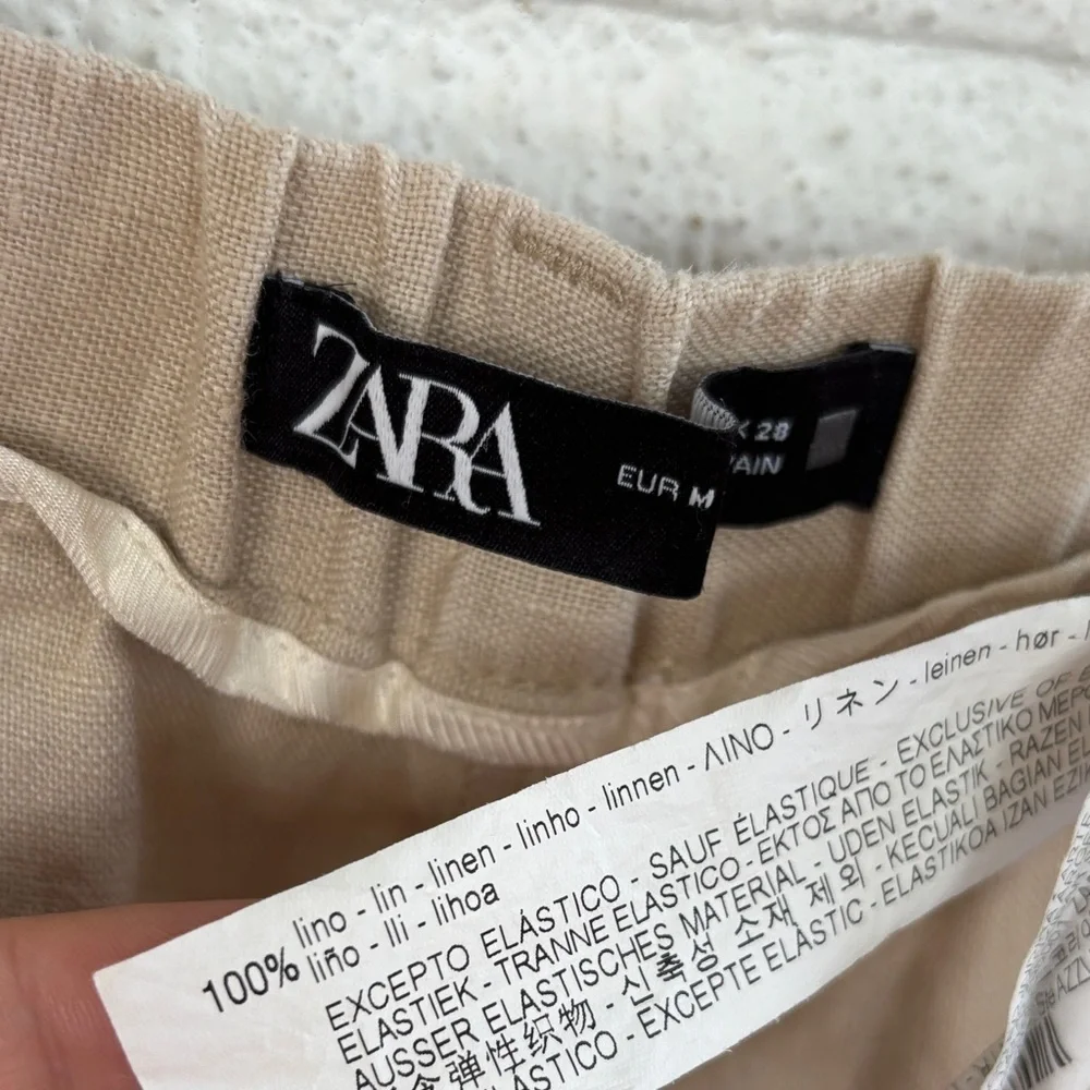 Zara Linen High Rise Barrel Khaki Pants sz M